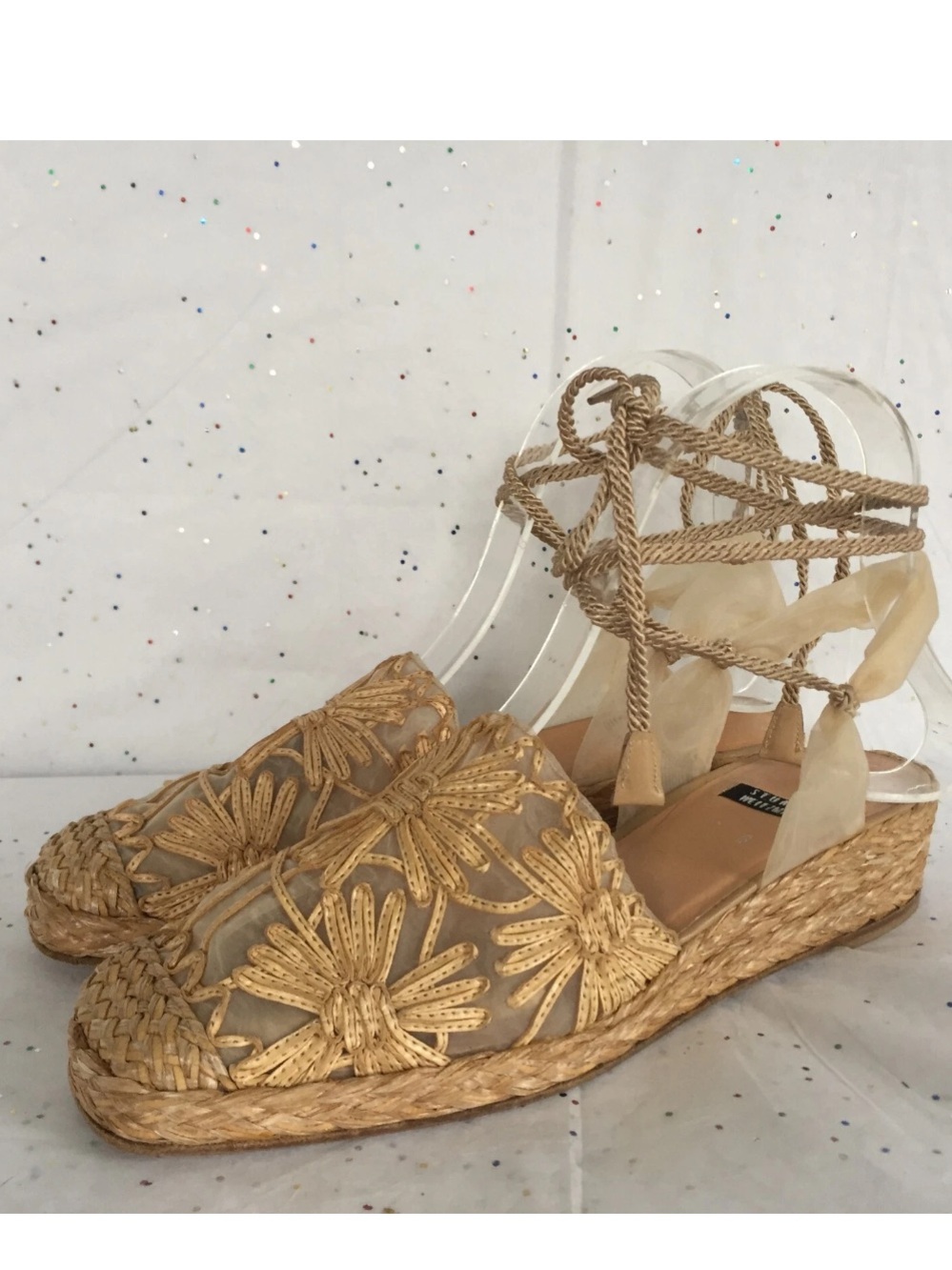 Stuart Weitzman Tan Floral Rafia Organza Mesh  Ankle Tie Espadrille Sandal 8.5